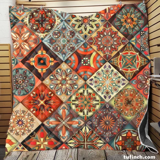 Ethnical Floral Mandala In Orange Quilt Blanket