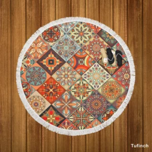 Ethnical Floral Mandala In Orange Round Beach Towel