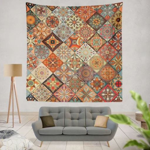 Ethnical Floral Mandala In Orange Wall Tapestry