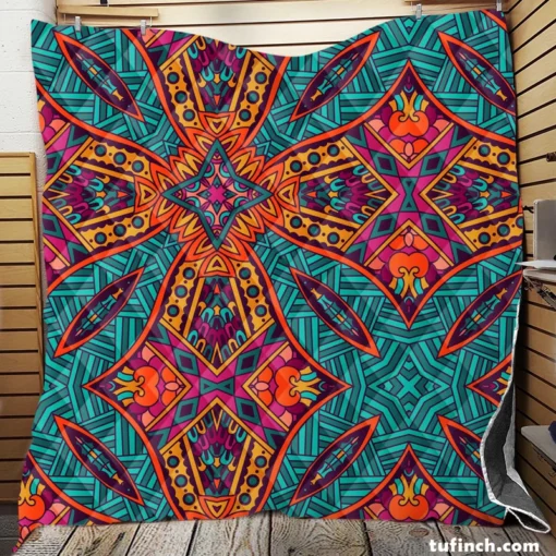 Festive Ornamental Geometric Pattern Quilt Blanket