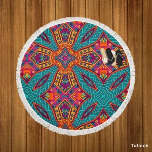 Festive Ornamental Geometric Pattern Round Beach Towel