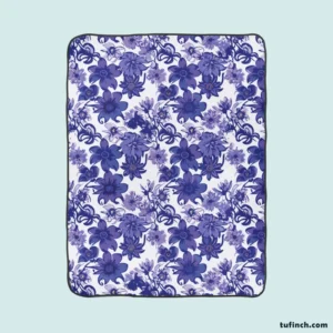 Floral Blue Toile Pattern Fleece Blanket 1