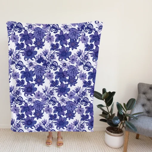 Floral Blue Toile Pattern Fleece Blanket