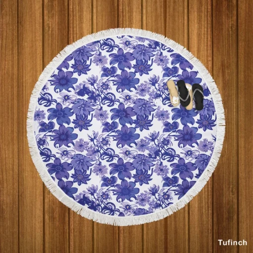 Floral Blue Toile Pattern Round Beach Towel