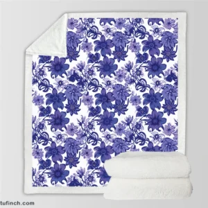 Floral Blue Toile Pattern Sherpa Fleece Blanket