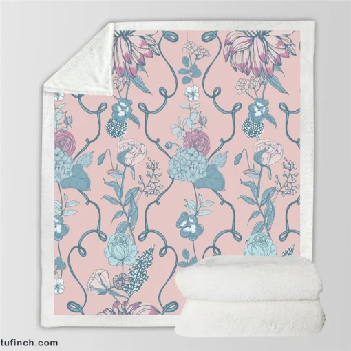 Floral Chinoiserie Style Pattern Sherpa Fleece Blanket