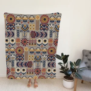 Floral Folk Pattern Fleece Blanket