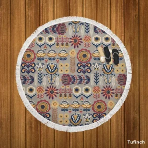 Floral Folk Pattern Round Beach Towel