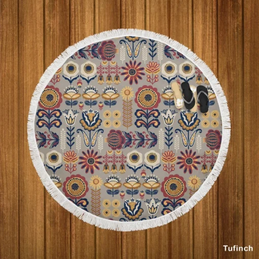 Floral Folk Pattern Round Beach Towel