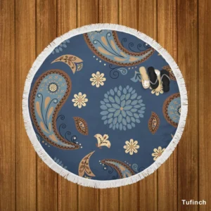 Floral Tan Batik Traditional Paisley Round Beach Towel