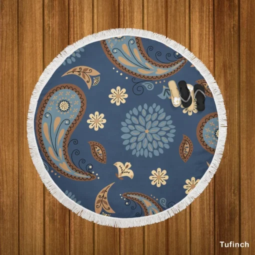 Floral Tan Batik Traditional Paisley Round Beach Towel