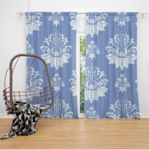 Flowered Damask Pattern on Cornflower Blue Curtain