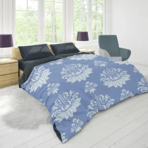 Flowered Damask Pattern on Cornflower Blue Duvet Cover 1