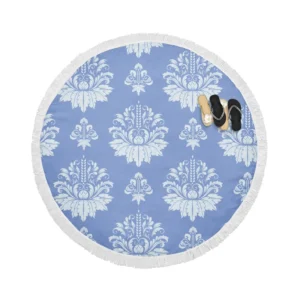 Flowered Damask Pattern on Cornflower Blue Round Beach Towel