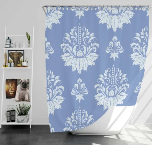 Flowered Damask Pattern on Cornflower Blue Shower Curtain