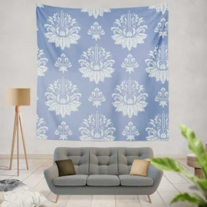 Flowered Damask Pattern on Cornflower Blue Wall Tapestry