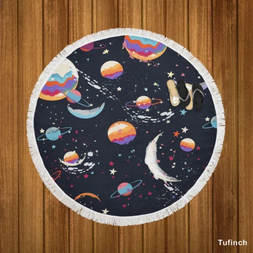 Futuristic Colorful Planets Round Beach Towel