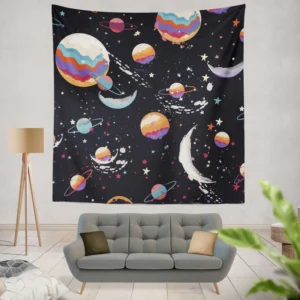 Futuristic Colorful Planets Wall Tapestry