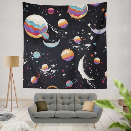 Futuristic Colorful Planets Wall Tapestry