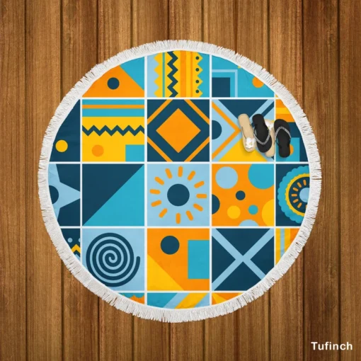 Geometrics Blue Yellow Design Round Beach Towel