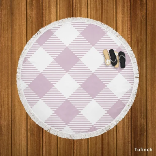 Gingham Purple White Pattern Round Beach Towel