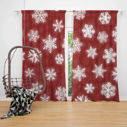 Glowing Snowflakes On Red Background Curtain