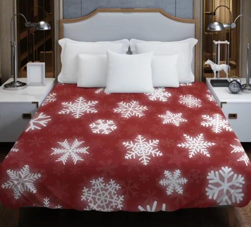 Glowing Snowflakes On Red Background Duvet Cover