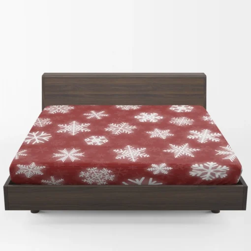 Glowing Snowflakes On Red Background Fitted Sheet 1