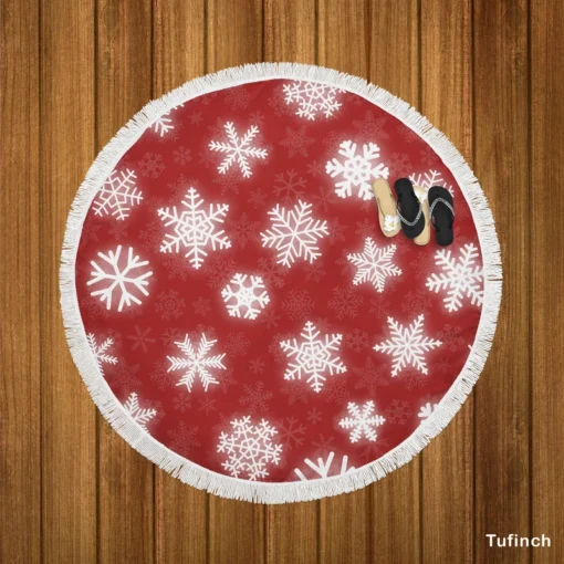 Glowing Snowflakes On Red Background Round Beach Towel