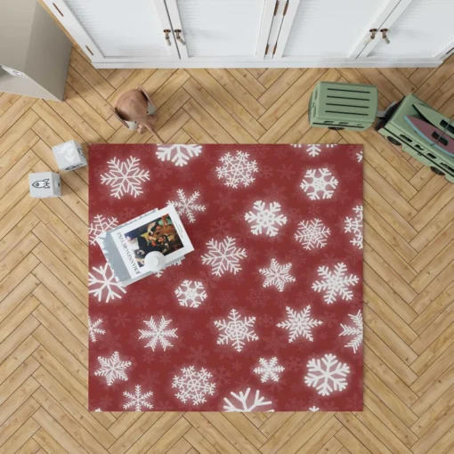 Glowing Snowflakes On Red Background Rug