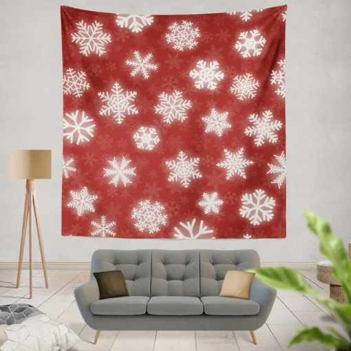 Glowing Snowflakes On Red Background Wall Tapestry