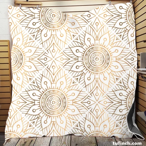 Golden Mandala Ornamental Quilt Blanket