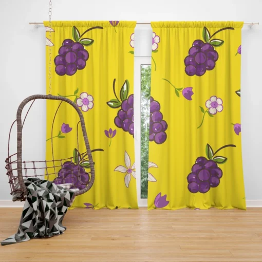 Grapes Bunch And Flowers In Yellow Curtain