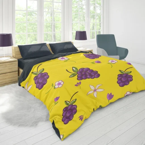 Grapes Bunch And Flowers In Yellow Duvet Cover 1