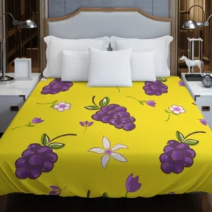 Grapes Bunch And Flowers In Yellow Duvet Cover