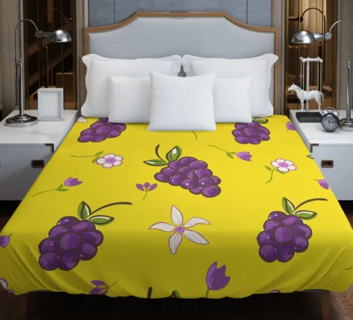 Grapes Bunch And Flowers In Yellow Duvet Cover