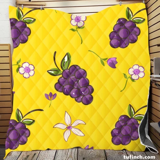 Grapes Bunch And Flowers In Yellow Quilt Blanket