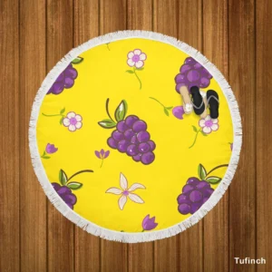 Grapes Bunch And Flowers In Yellow Round Beach Towel