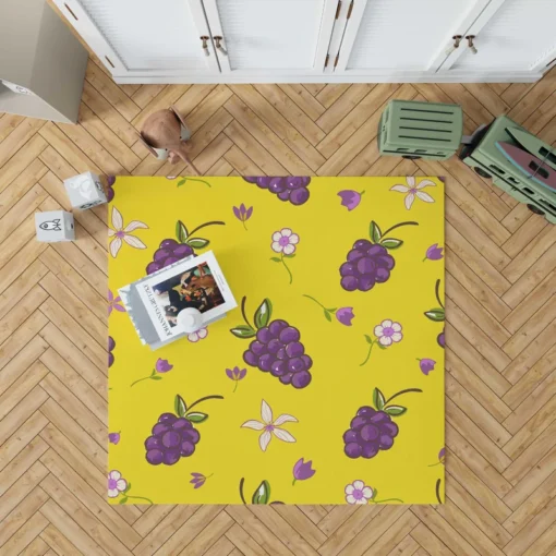 Grapes Bunch And Flowers In Yellow Rug