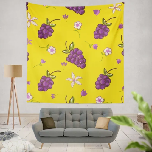 Grapes Bunch And Flowers In Yellow Wall Tapestry