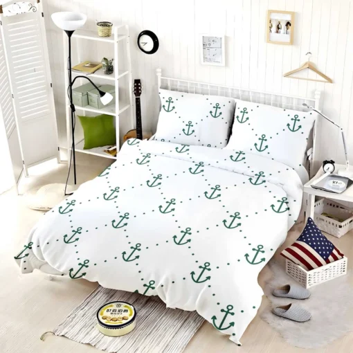 Green Anchor Triangle Pattern On White Bedding Set