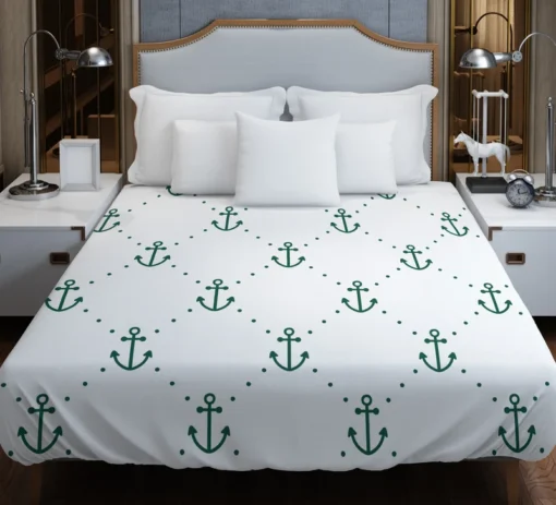 Green Anchor Triangle Pattern On White Duvet Cover