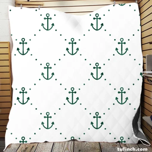 Green Anchor Triangle Pattern On White Quilt Blanket