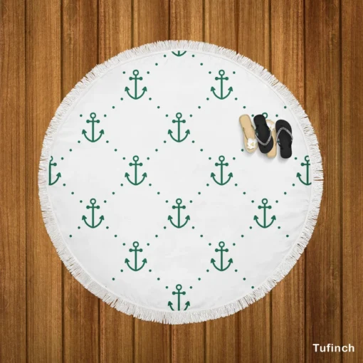 Green Anchor Triangle Pattern On White Round Beach Towel