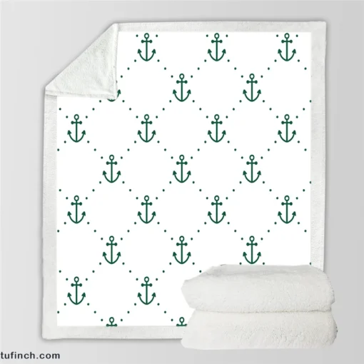 Green Anchor Triangle Pattern On White Sherpa Fleece Blanket