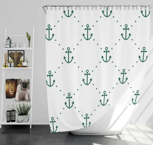 Green Anchor Triangle Pattern On White Shower Curtain