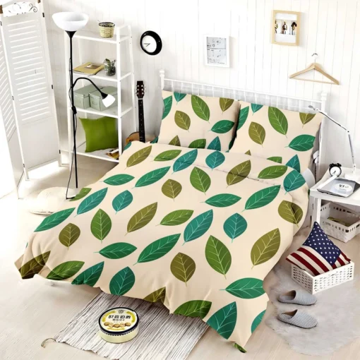 Green Brown Bay Leaves Pattern Bedding Set