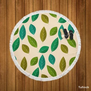 Green Brown Bay Leaves Pattern Round Beach Towel