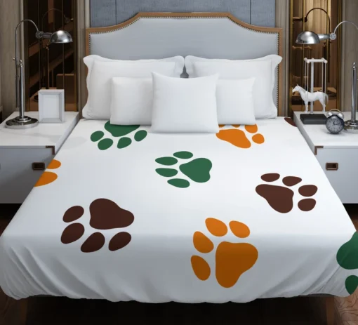 Green Brown Orange Dog Paw Prints Duvet Cover