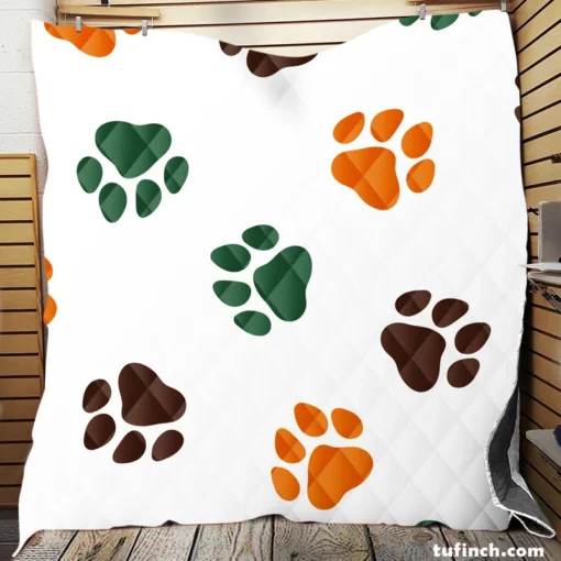 Green Brown Orange Dog Paw Prints Quilt Blanket